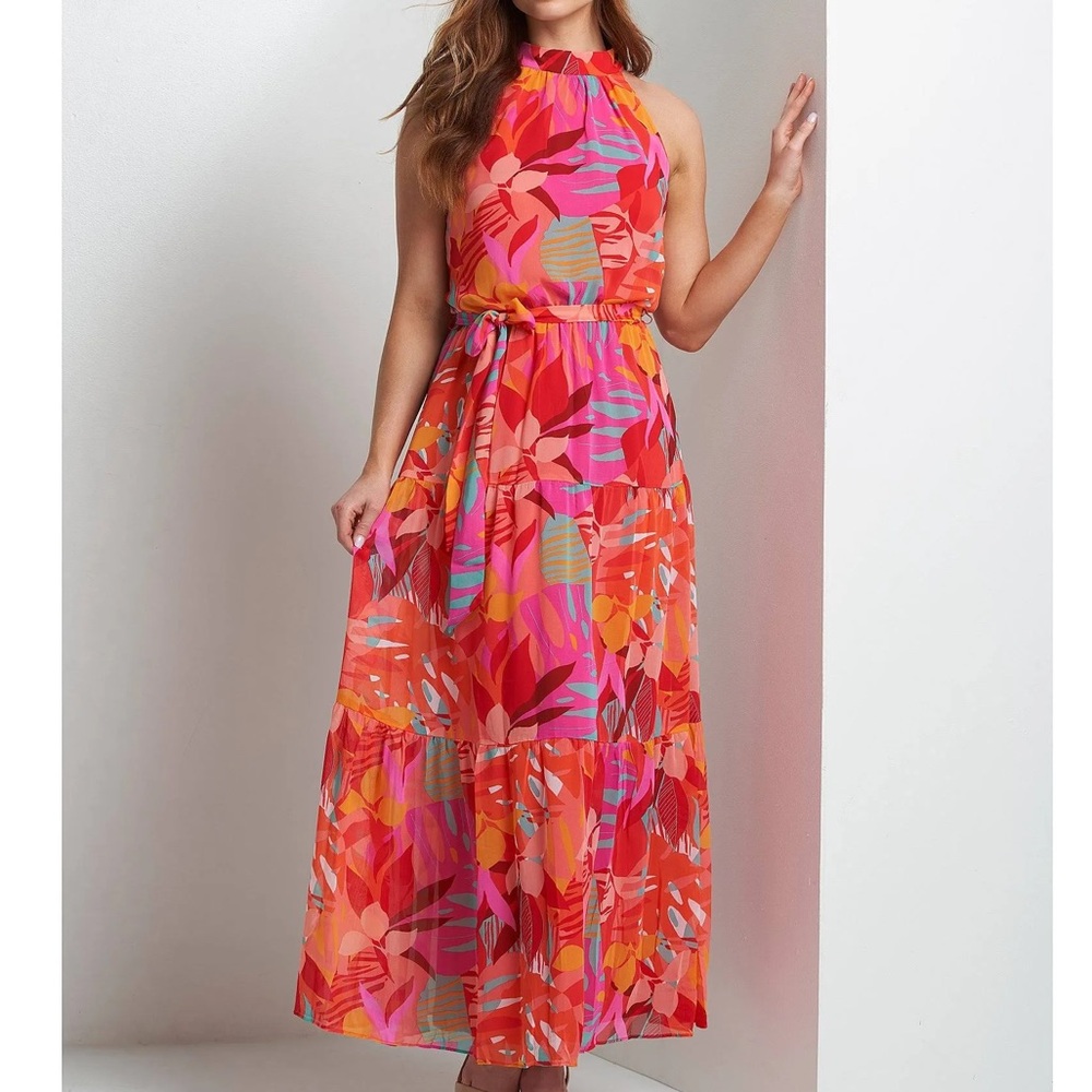 Julia Jordan Maxi Dress Womens Pink Tropical Tie Waist Halter Cocktail Size 8